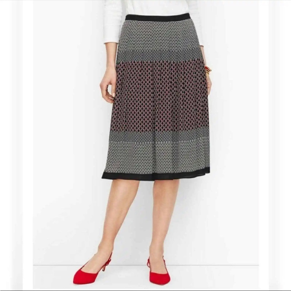Talbots Womens Mixed Print Pleated Midi Skirt Size 8 Black Red White Classic